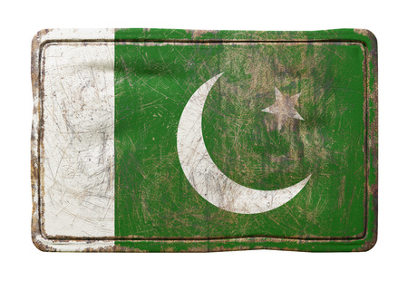 3d rendering of a Pakistan flag over a rusty metallic plate. Isolated on white background.の写真素材