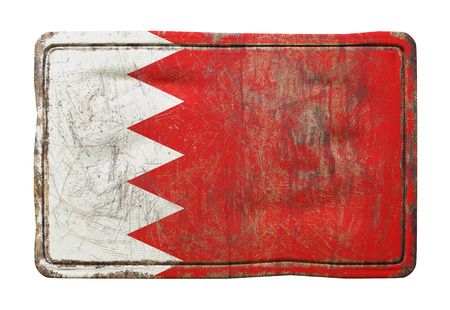 3d rendering of a Bahrain flag over a rusty metallic plate. Isolated on white background.の写真素材