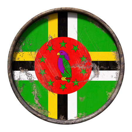 3d rendering of a Dominica flag over a rusty metallic plate. Isolated on white background.の写真素材