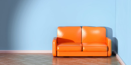 3d rendering of a modern interior with an orange couch and blue wallsの写真素材