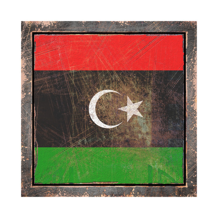 3d rendering of a Libya flag over a rusty metallic plate wit a rusty frame. Isolated on white background.の写真素材