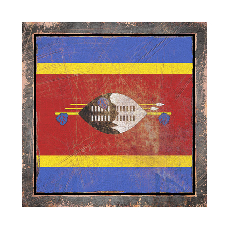 3d rendering of a Kingdom of Swaziland flag over a rusty metallic plate wit a rusty frame. Isolated on white background.の写真素材