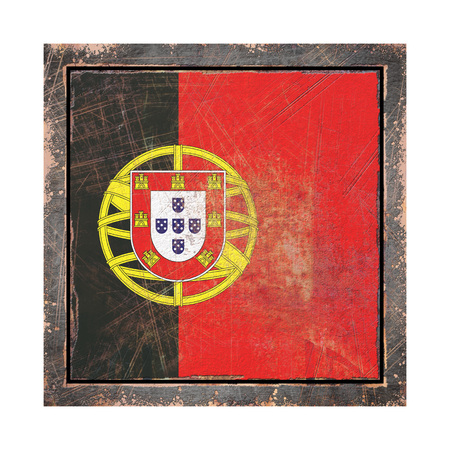 3d rendering of a Portugal flag over a rusty metallic plate wit a rusty frame. Isolated on white background.の写真素材