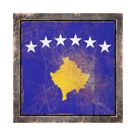 3d rendering of a Kosovo flag over a rusty metallic plate wit a rusty frame. Isolated on white background.の写真素材