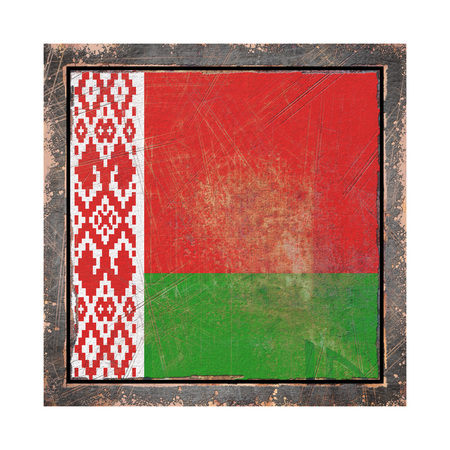 3d rendering of a Belarus flag over a rusty metallic plate wit a rusty frame. Isolated on white background.の写真素材
