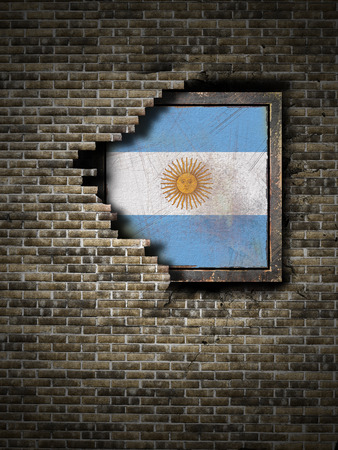 3d rendering of an Argentina flag over a rusty metallic plate embebed on an old brick wallの写真素材