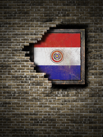 3d rendering of a Paraguay flag over a rusty metallic plate embebed on an old brick wallの写真素材