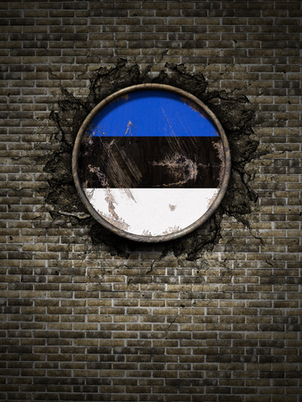 3d rendering of an Estonia flag over a rusty metallic plate embedded on an old brick wallの写真素材