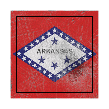 3d rendering of an Arkansas State flag on a rusty surfaceの写真素材