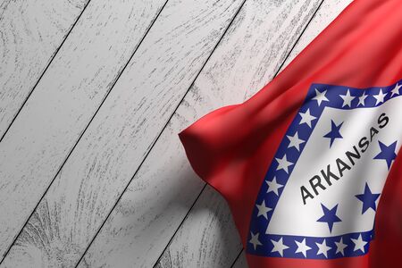 3d rendering of an American Arkansas State flag on a wooden surfaceの写真素材