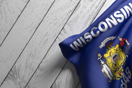 3d rendering of an American Wisconsin State flag on a wooden surfaceの写真素材