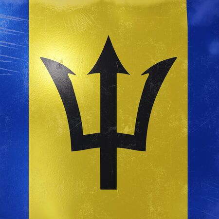 3d rendering of a rusty and old Barbados flag on a metallic surface.