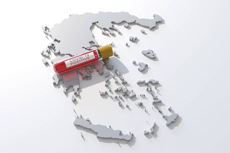 3d rendering of a covid-19 test tube over a map of Greece の写真素材
