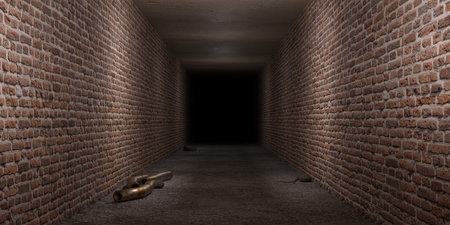 3d rendering of an old and deep brick tunnelの写真素材