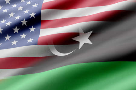 3d rendering of Libya and United states of America flags mixed. Concepts of diplomatic conflict.の写真素材