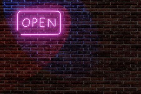3d rendering of a neon pink sign with the word open on it with a brick wall backgroundの写真素材