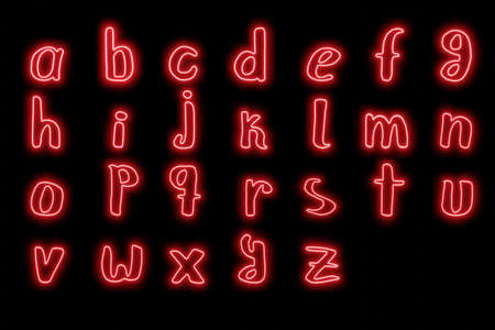 3d rendering of red neon alphabet on black background. Red lighting and glow.の写真素材
