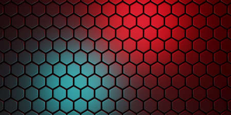 3d rendering of abstract background with black hexagons with blue and red lights. Abstract and...