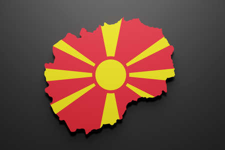 3d rendering of a Macedonia map shape with flag. Black background.の写真素材