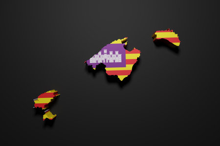 3d rendering of a Balearic islands Spanish Community flag and map on a black backgroundの写真素材