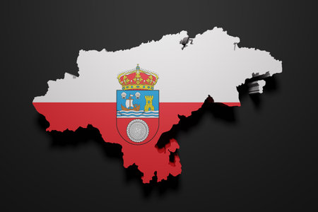 3d rendering of a Cantabria Spanish Community flag and map on a black backgroundの写真素材