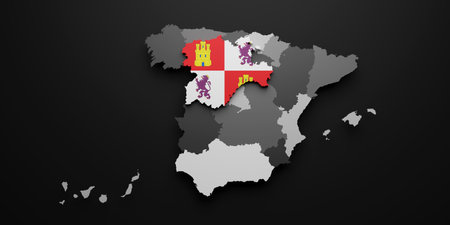 3d rendering of a Castilla Leon Spanish Community flag and map on a black background
