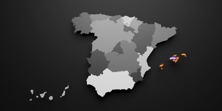 3d rendering of a Balearic islands Spanish Community flag and map on a black background