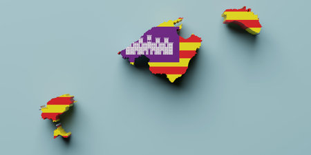 3d rendering of a Balearic islands Spanish Community flag and map on a blue background
