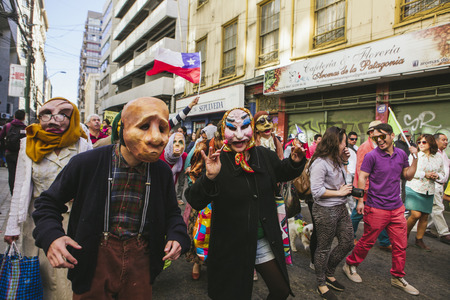 Valparaiso, Chile - August 21, 2016: Chileans marched through Valparaiso's streets, demanding an end to the private pension system (AFP) created during the Pinochet dictatorship.のeditorial素材