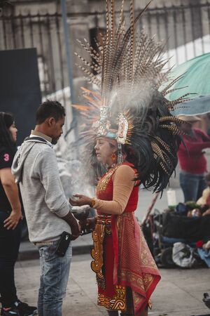 Mexico City, Mexico - December 22, 2017: traditional Aztec shaman in the capital city of Mexico, DF,...