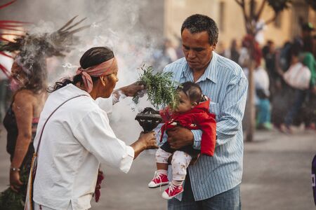 Mexico City, Mexico - December 22, 2017: traditional Aztec shaman in the capital city of Mexico, DF,...