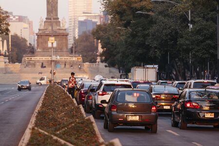 Mexico City, Mexico -  January 10, 2018:  Independence Monument at sunset. Reforma avenue.