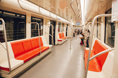 SANTIAGO, CHILE-APRIL 14, 2020 - Santiago Metro wagon almost empty due to the quarantine that affects some communes of the city due to the Covid 19 pandemicのeditorial素材