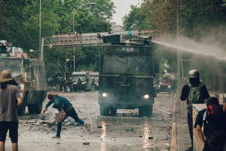 SANTIAGO, CHILE-NOVEMBER 8, 2019 - Water Cannon dispersed protesters during the protests against the...