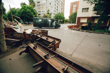 SANTIAGO, CHILE-NOVEMBER 8, 2019 - Protesters barricade with looted furniture from theのeditorial素材