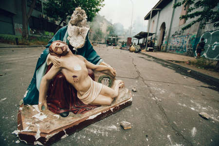 SANTIAGO, CHILE-NOVEMBER 8, 2019 - Remains of religious statue looted of the church