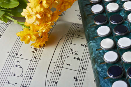 Yellow Kalanchoe flowers lie on musical notes next to accordion keys