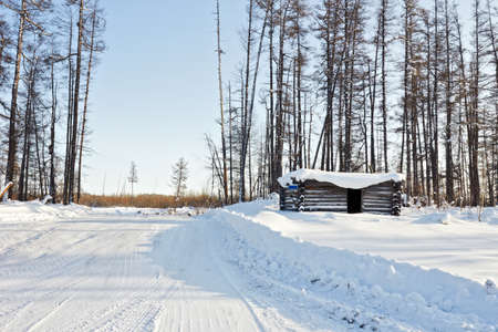 Abandoned winter hut on a winter forest roadの写真素材