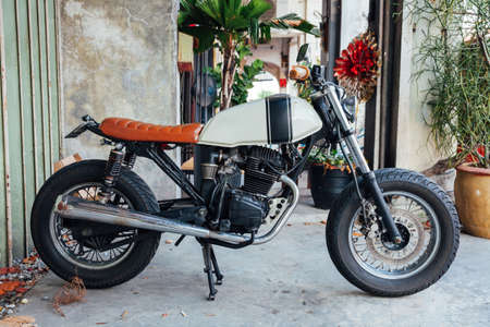 GEORGE TOWN, MALAYSIA - MARCH 27: Vintage motorcycle parked on the street of Penang on March 27, 2016 in George Town, Malaysia.のeditorial素材