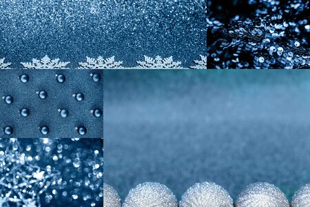 Collage of blue abstract and Christmas pictures and backgrounds in serene shade of indigo hue. color of the year concept.の写真素材