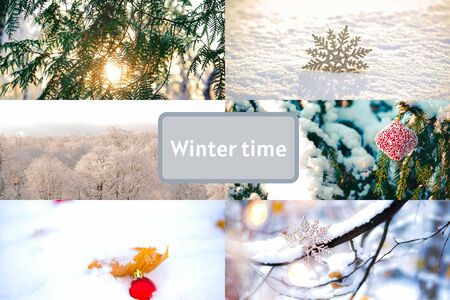 Winter time text sign. Winter collage with Red Christmas Decoration Hanging Outside On A Frosty Tree Branch with bokeh fairy lights and snowy landscapes..の写真素材