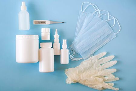 Protective face masks, pills , gloves, sanitizers, nose drops and other medications against virus,...