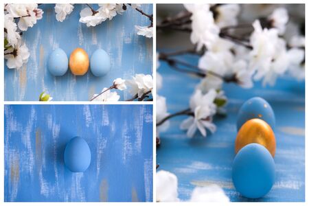 Easter collage with blue and pink and gold eggs, and white spring flowers. Holiday card concept.の写真素材