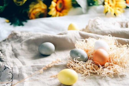 Organic naturally dyed yellow and gray Easter eggs.の写真素材
