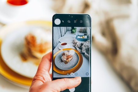 Hands taking picture of pancakes background.の写真素材