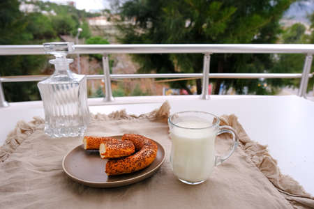Traditional Turkish bagel pastry simit ,gevrek and fermented beverage ayran.