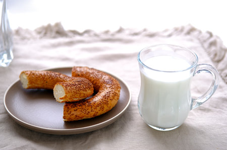 Traditional Turkish bagel pastry simit ,gevrek and fermented beverage ayran.