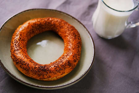 Traditional Turkish bagel pastry simit ,gevrek and fermented beverage ayran.
