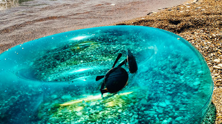 Blue inflatable swim ring float and sunglasses on the beach.