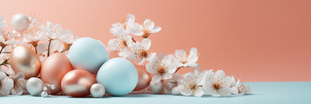Web banner with Easter eggs and vibrant spring flowers on background with pastel shades of soft blue...